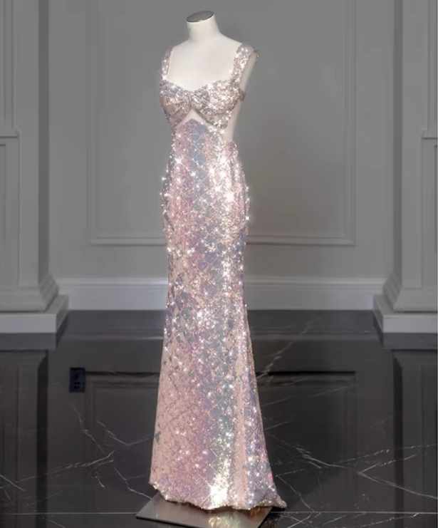 Shiny Pink Sequins Mermaid Long Prom Dress with Detachable Bowknot, DP3650