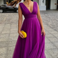 Dark Purple V Neck A-Line Tulle Long Formal Party Dress, DP3387