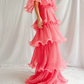 Watermelon Red Chiffon A-Line Tiered Elegant Long Party Dress, DP2539