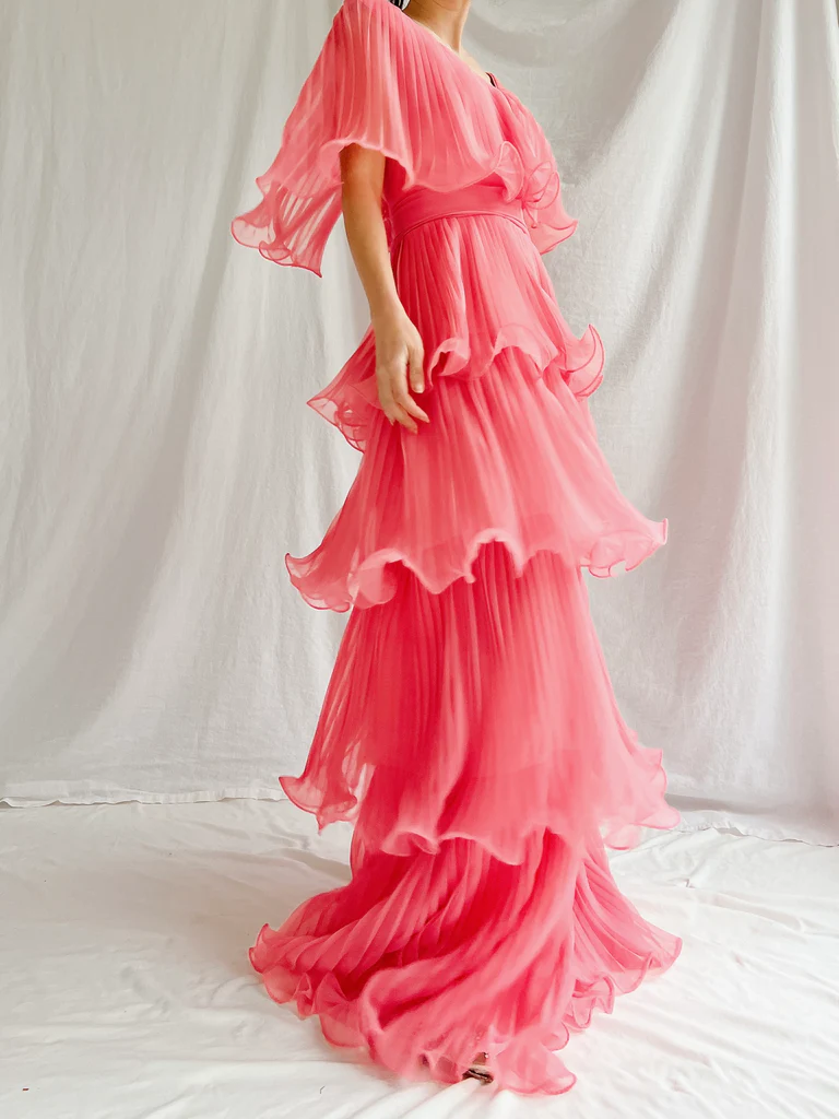 Watermelon Red Chiffon A-Line Tiered Elegant Long Party Dress, DP2539