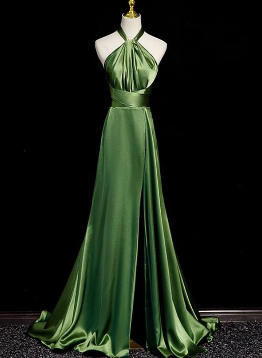 Elegant Halter Open Back Green A-Line Long Formal Party Dress, DP3458