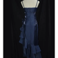 Dark Navy Straps Vintage Floral Asymmetrical Hem Long Prom Dress, DP3137