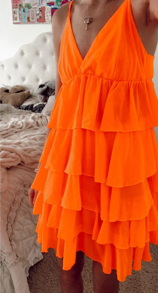 Orange V Neck Straps Layered Short Homecoming Dress, DP2888