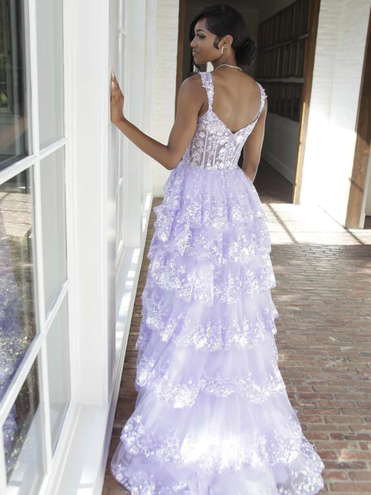 Lilac Straps A-Line Lace Tulle Long Formal Prom Dress, DP2814