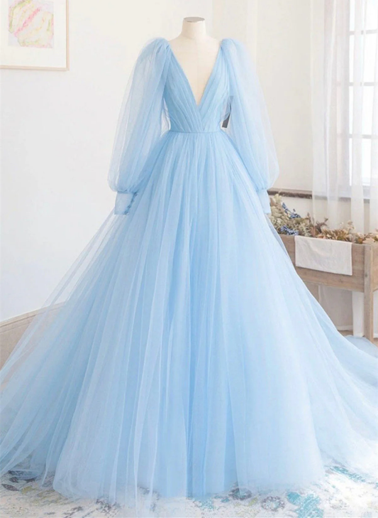 Light Blue Long Sleeves V Neck Long Formal Dress A-Line Evening Dress, DP2823