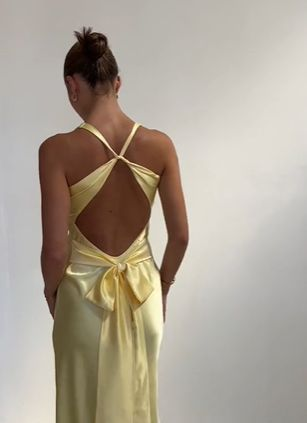 Yellow V Neck Backless Elegant Party Dress Wedding Guest Dress, DP2861