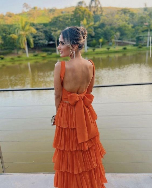 Orange Square Neck Tiered A-Line Backless Long Prom Dress, DP3717