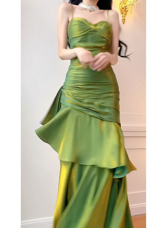 Gorgeous Spaghetti Strap Ruched Satin Mermaid Evening Gown Ruffle Formal Prom Dress DP2931