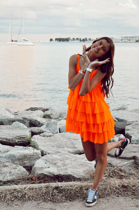 Orange V Neck Straps Layered Short Homecoming Dress, DP2888