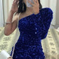 Royal Blue One Shoulder Sequined Short Party Dress Homecoming Dress, DP3169