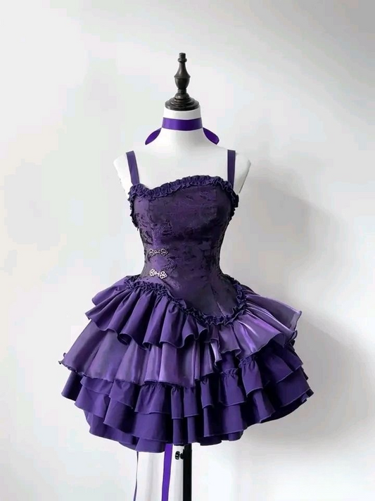 Lila Träger A-Linie Gestuftes Vintage Kurzes Partykleid Homecoming-Kleid, DP5651