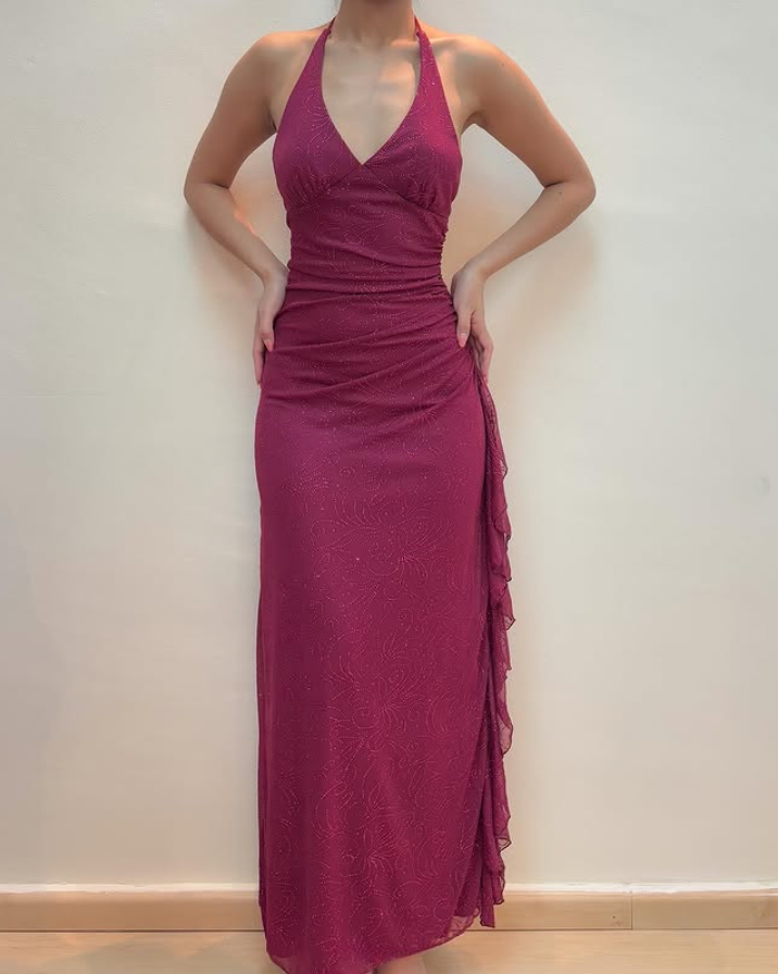 Fuchsia Halter Sheath Chiffon Vintage Long Prom Dress Evening Party Dress, DP5397