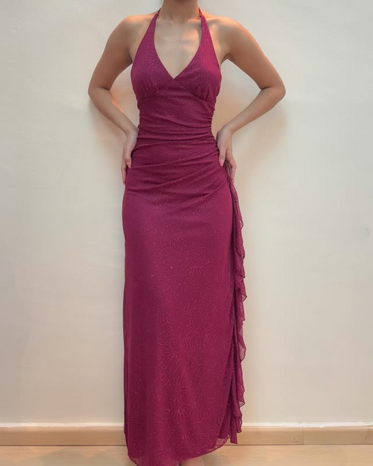 Fuchsia Halter Sheath Chiffon Vintage Long Prom Dress Evening Party Dress, DP5397