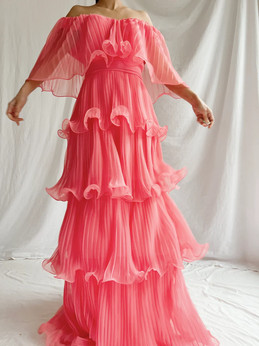 Watermelon Red Chiffon A-Line Tiered Elegant Long Party Dress, DP2539