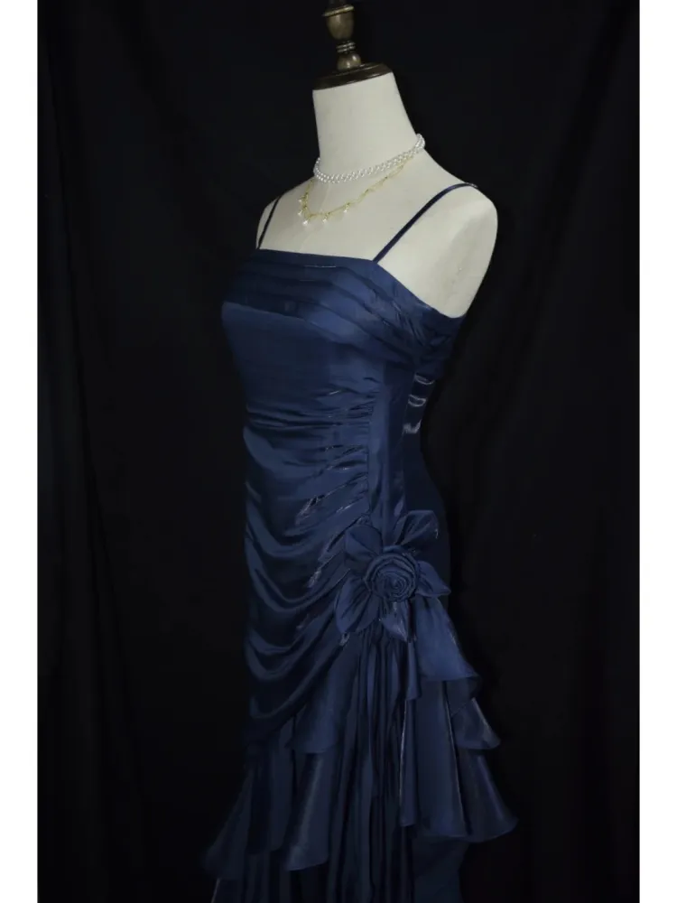 Dark Navy Straps Vintage Floral Asymmetrical Hem Long Prom Dress, DP3137