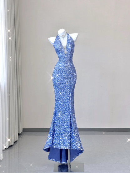 Elegant Sequins V-neck Halter Dress Mermaid Long Prom Dress Evening Dress DP3790