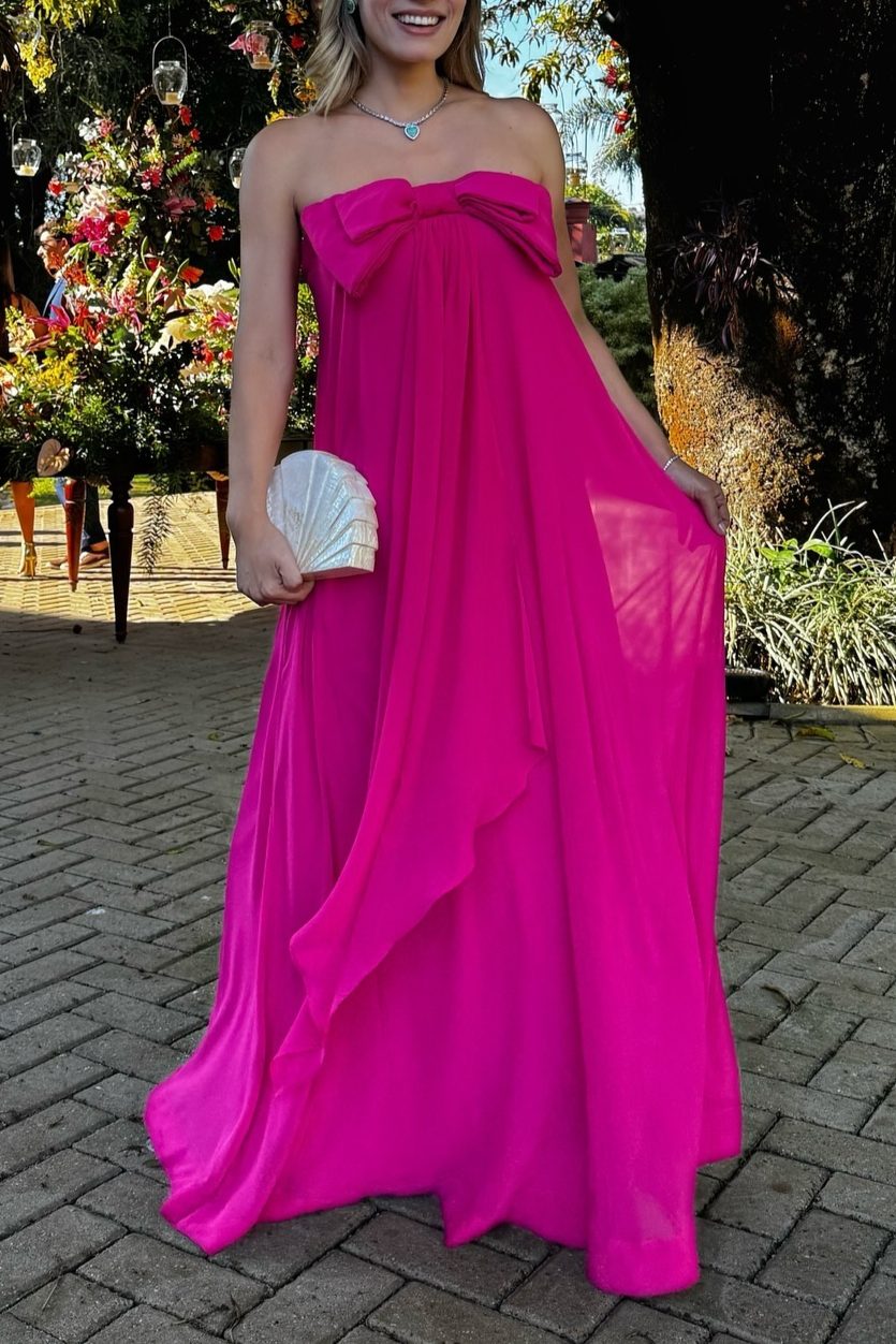 Hot Pink Strapless A-Line Cute Bowknot Long Party Dress Wedding Guest Dress, DP3443