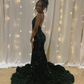 Modern Green Mermaid V-Neck Long Prom Dress Sequin Evening Gowns, DP3301