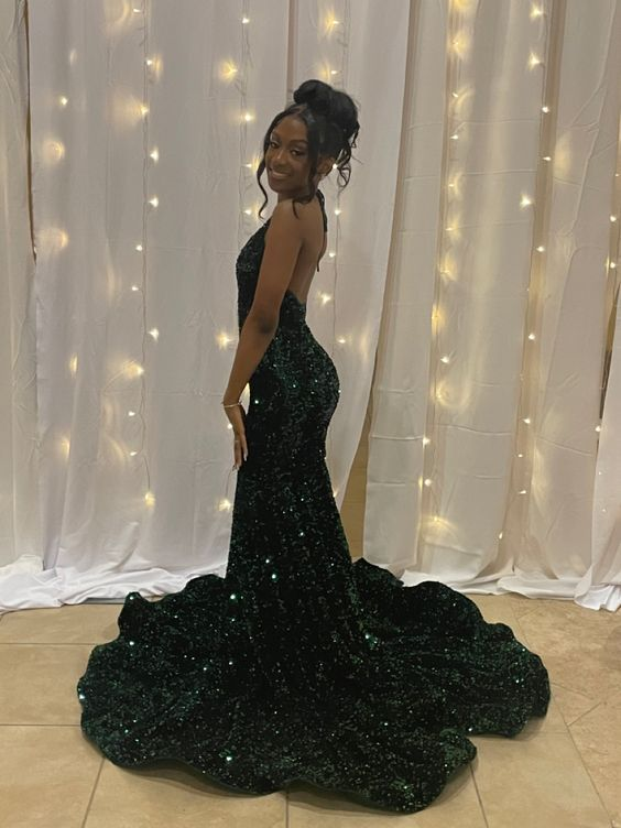 Modern Green Mermaid V-Neck Long Prom Dress Sequin Evening Gowns, DP3301