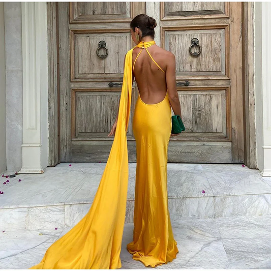 Yellow Halter Backless Mermaid Satin Long Formal Dress Evening Gown, DP3583