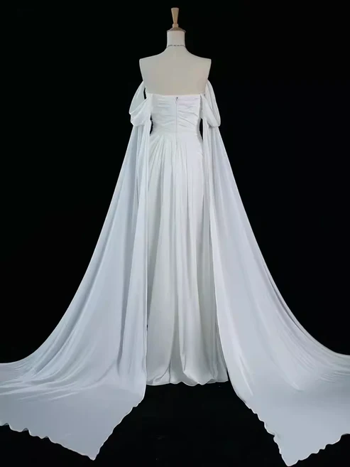 White Off Shoulder A-Line Long Formal Prom Dress Evening Gown, DP2907