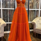 Burnt Orange Straps A-Line Tulle Long Prom Dress Wedding Guest Dress, DP3465