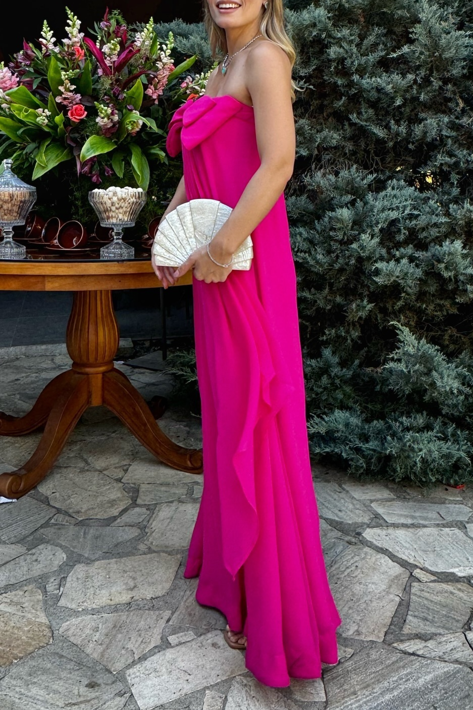 Hot Pink Strapless A-Line Cute Bowknot Long Party Dress Wedding Guest Dress, DP3443