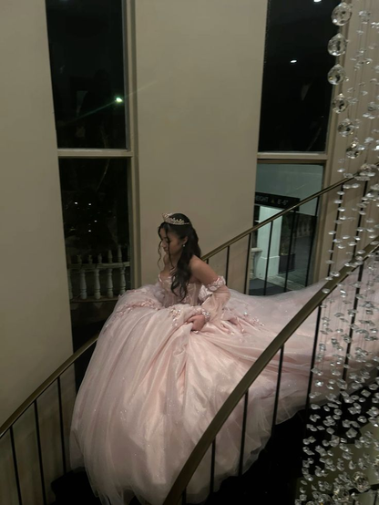 Pink Off Shoulder Tulle Princess Sweet 16 Ball Gown Quinceanera Dress DP3857