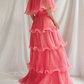 Watermelon Red Chiffon A-Line Tiered Elegant Long Party Dress, DP2539