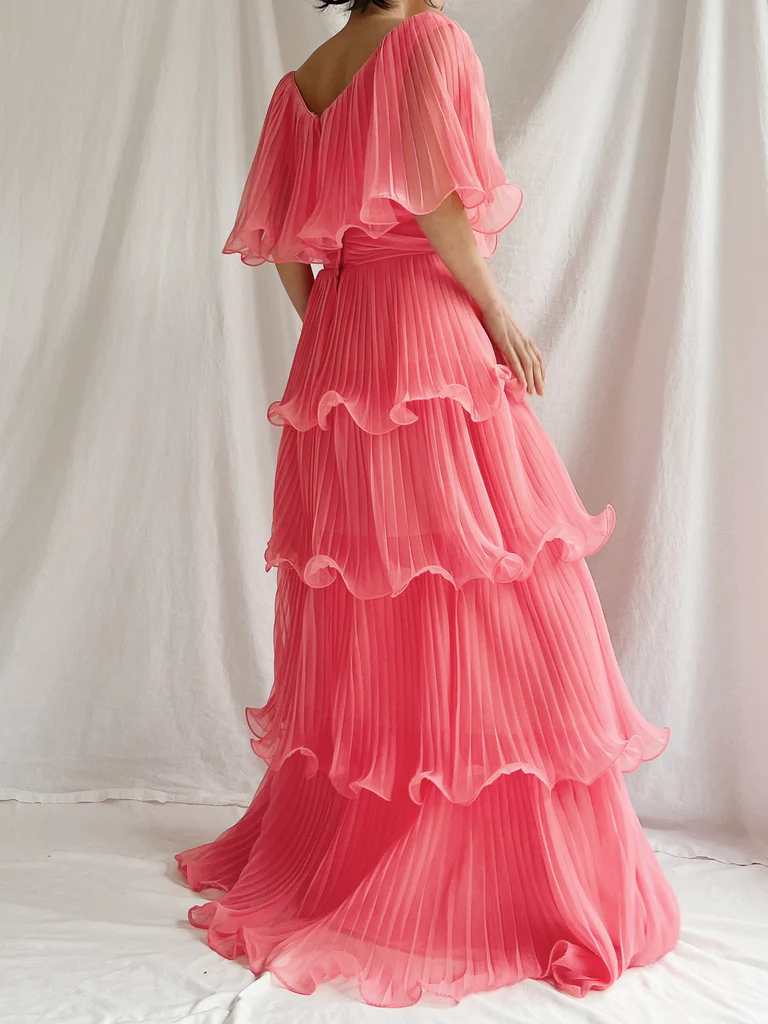 Watermelon Red Chiffon A-Line Tiered Elegant Long Party Dress, DP2539