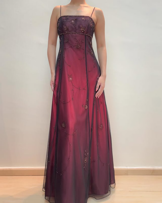 Wine Red Spaghetti Straps A-Line Beading Vintage Long Evening Party Dresses, DP5455