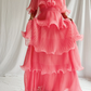 Watermelon Red Chiffon A-Line Tiered Elegant Long Party Dress, DP2539