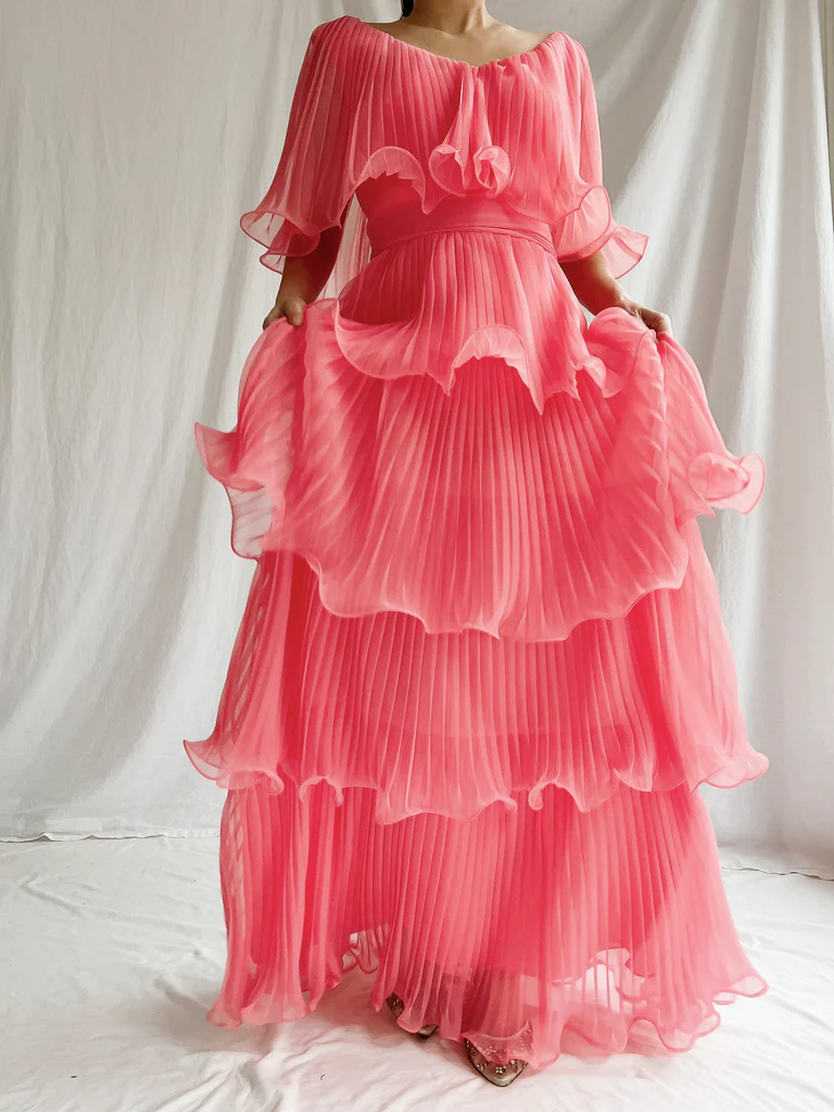 Watermelon Red Chiffon A-Line Tiered Elegant Long Party Dress, DP2539