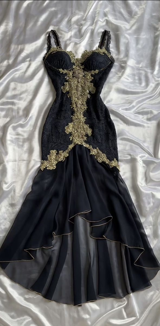 Black Straps Mermaid Appliques Vintage Prom Dress Formal Evening Dress, DP5405