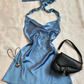 Blue Halter Satin Mini Party Dress Fashion Homecoming Dress, DP3520