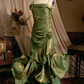 Green Spaghetti Straps Ruffle Vintage Long Prom Dress Maxi Dress, DP2770