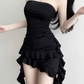 Black Strapless Sheath Short Evening Dress Ruffle Homecoming Dress, DP2999