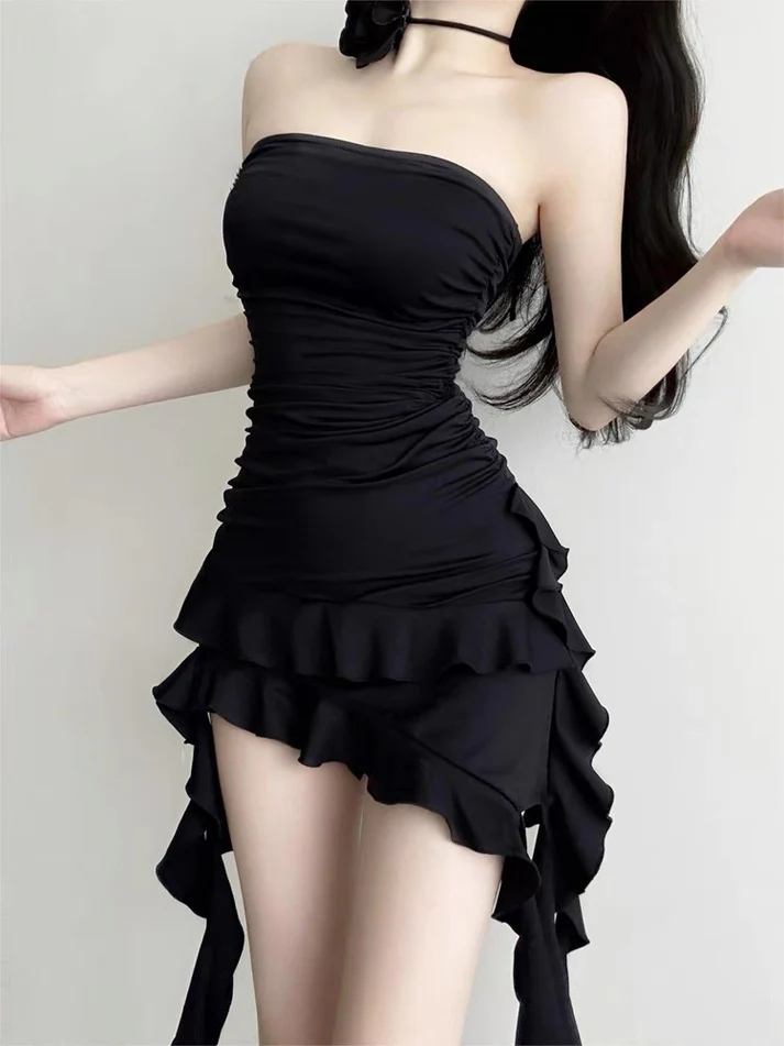 Black Strapless Sheath Short Evening Dress Ruffle Homecoming Dress, DP2999