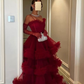 Red Straps A-Line Multi-Layers Tulle Gorgeous Prom Dress Evening Gown, DP2890