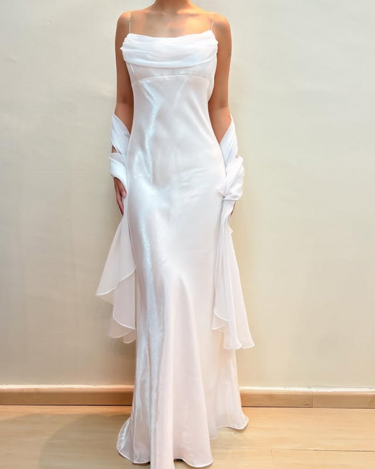 Robe de soirée fourreau blanche longue à bretelles spaghetti, style vintage, DP5400