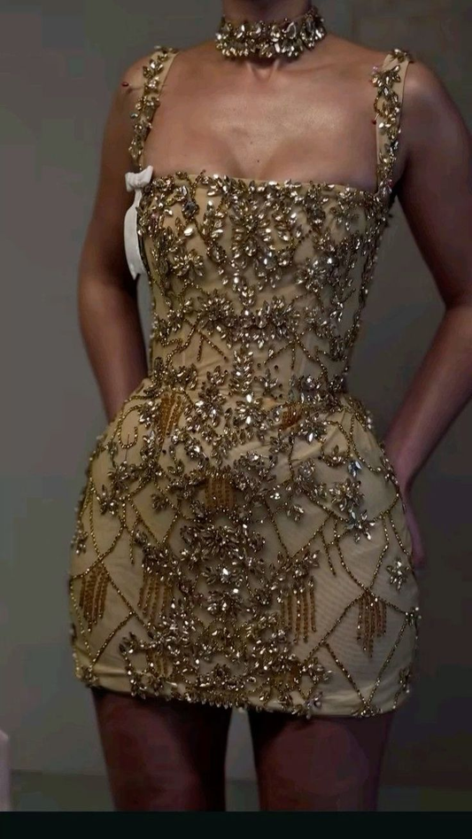 Stunning Champagne Straps Sheath Beaded Short Party Dresses Birthday Outfits, DP5655