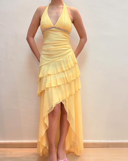 Yellow Halter Neck Sheath Chiffon Vintage Long Prom Dress Evening Party Dress, DP5401