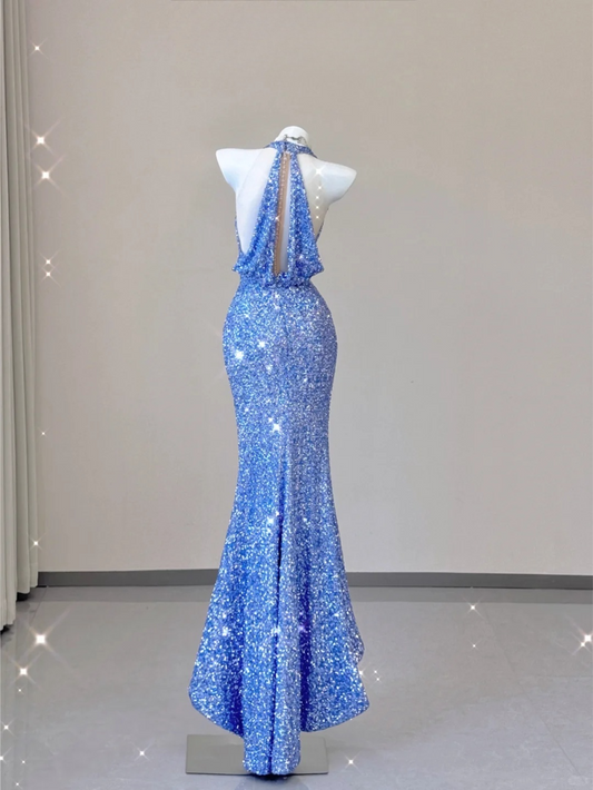 Elegant Sequins V-neck Halter Dress Mermaid Long Prom Dress Evening Dress DP3790