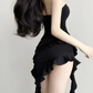 Black Strapless Sheath Short Evening Dress Ruffle Homecoming Dress, DP2999