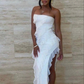 White Strapless Sheath Ruffles Long Prom Dress Sexy party Dress, DP2882