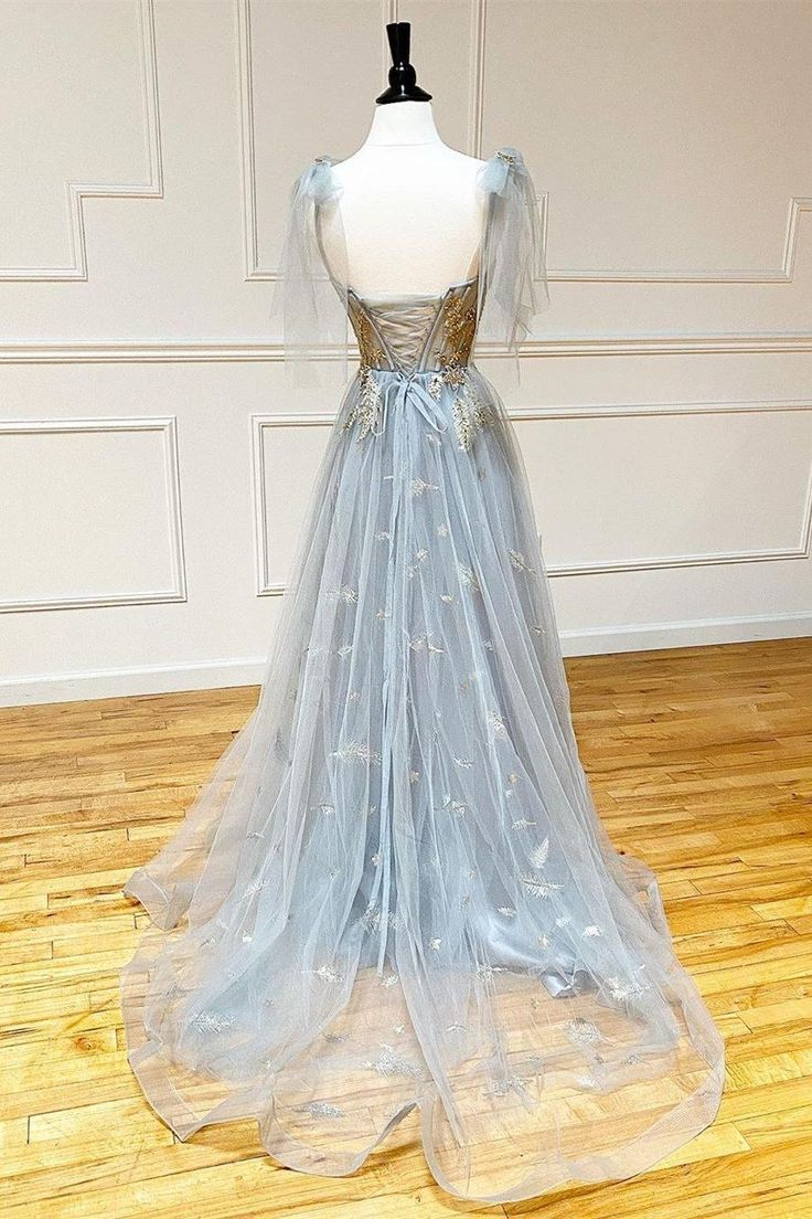 Charming Grey Tulle Appliques Long Prom Dress Formal Dress With Lace Up,DP0160