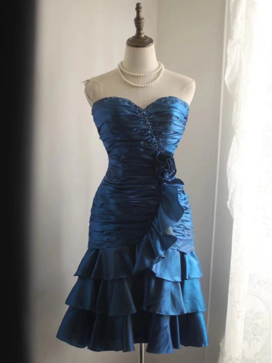 Retro Blue Beading Design A-line Satin Strapless Sweetheart Tiered Party Dresses Homecoming Dresses, DP5811