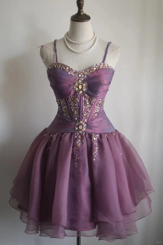 Retro Purple Beading Design A-line Tulle Spaghetti Strap Party Dresses Homecoming Dresses, DP5810