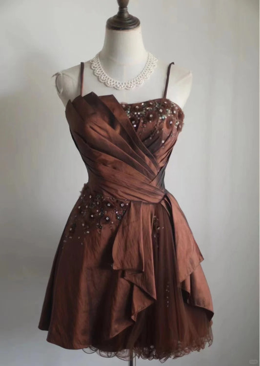 Vintage Brown Beading Design A-line Spaghetti Strap Party Dresses Homecoming Dresses, DP5809