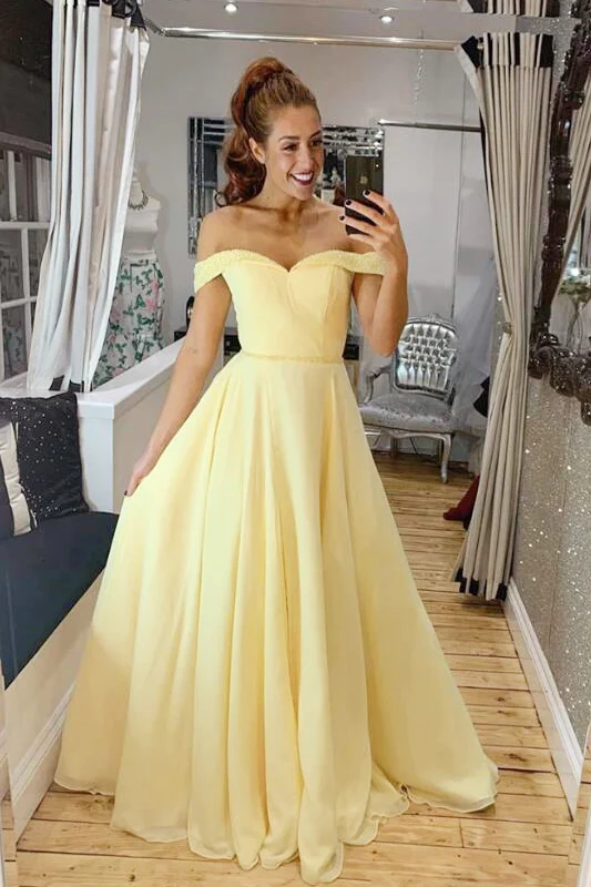 Elegant Off Shoulder A-Line Yellow Long Prom Dress,DP038